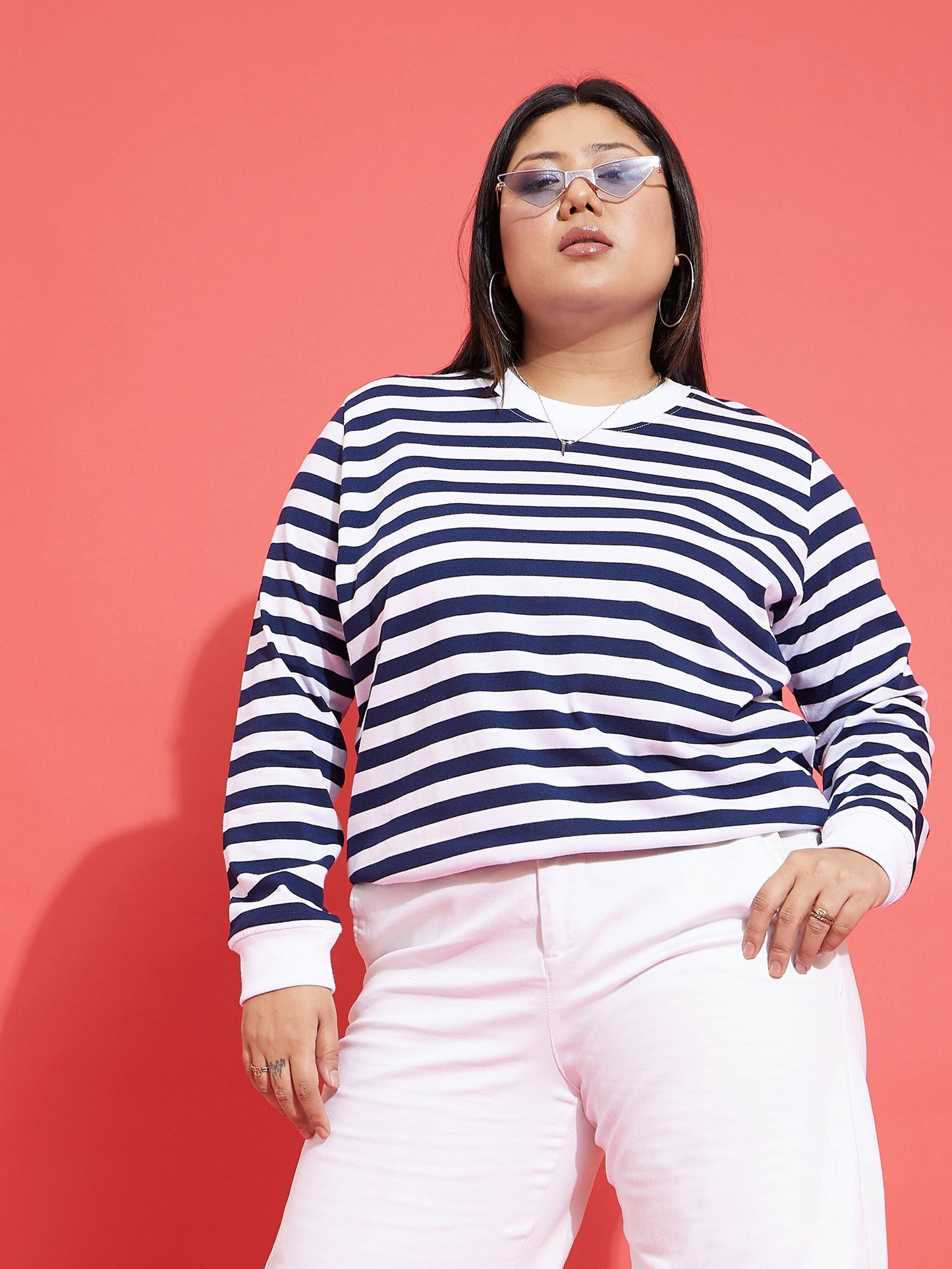 Navy & White Fleece Striped Sweatshirt