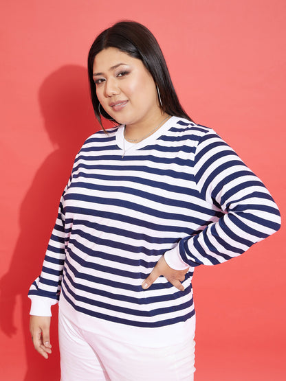 Navy & White Fleece Striped Sweatshirt