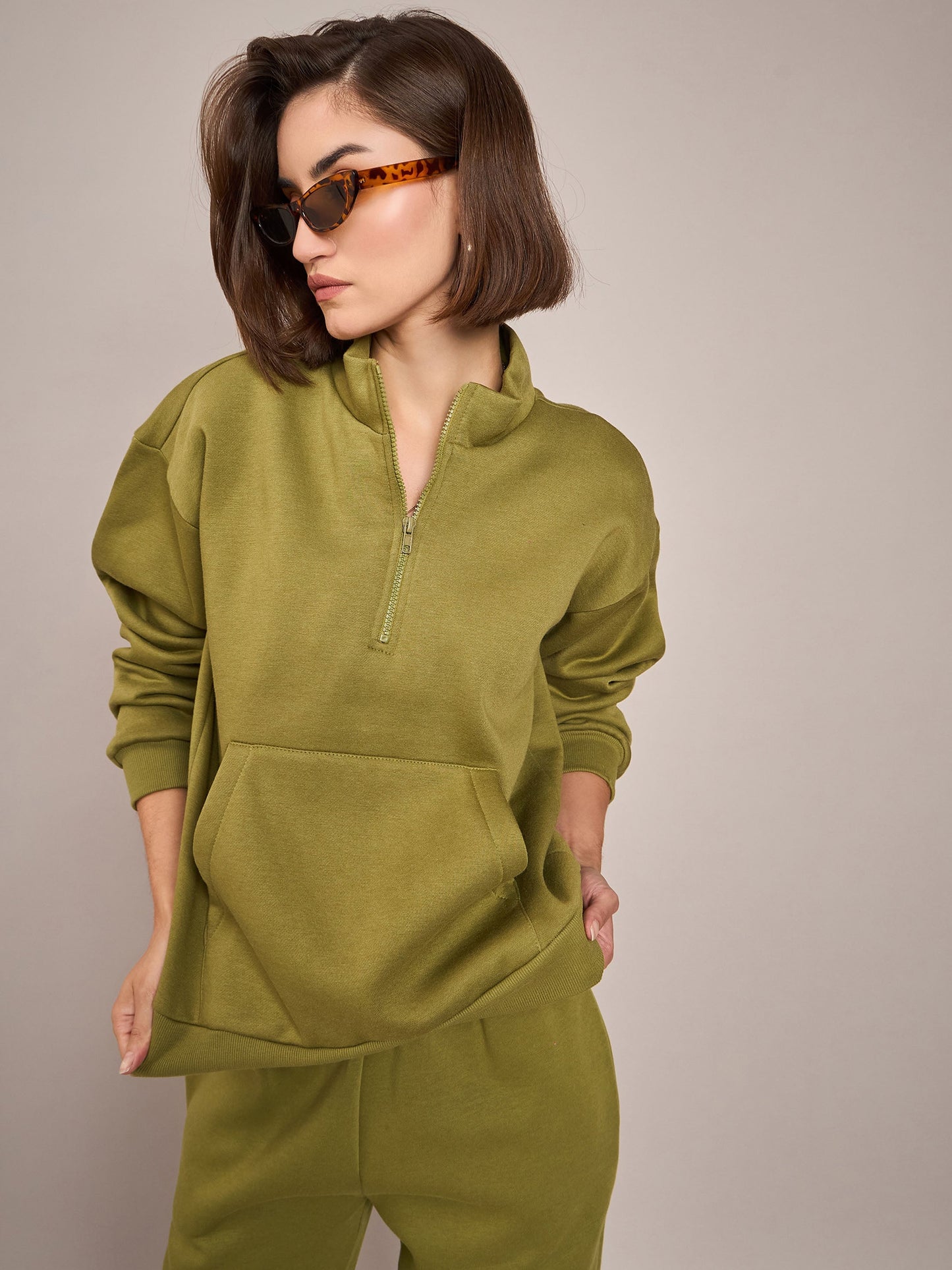 Women Olive Fleece Front Zipper Sweatshirt