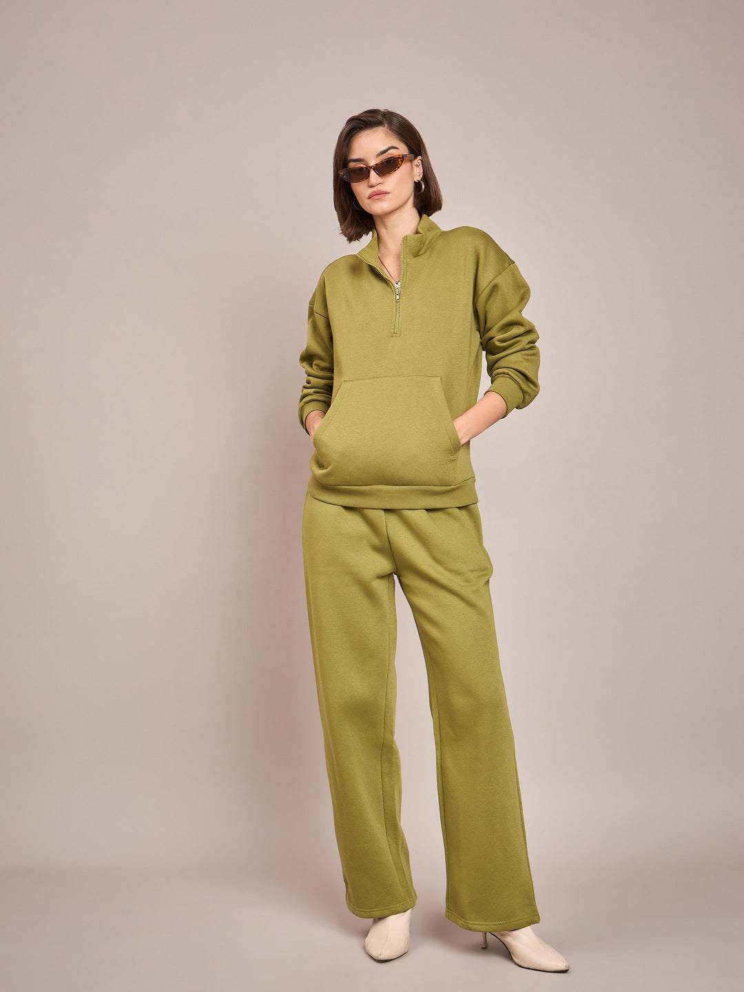 Women Olive Fleece Front Zipper Sweatshirt