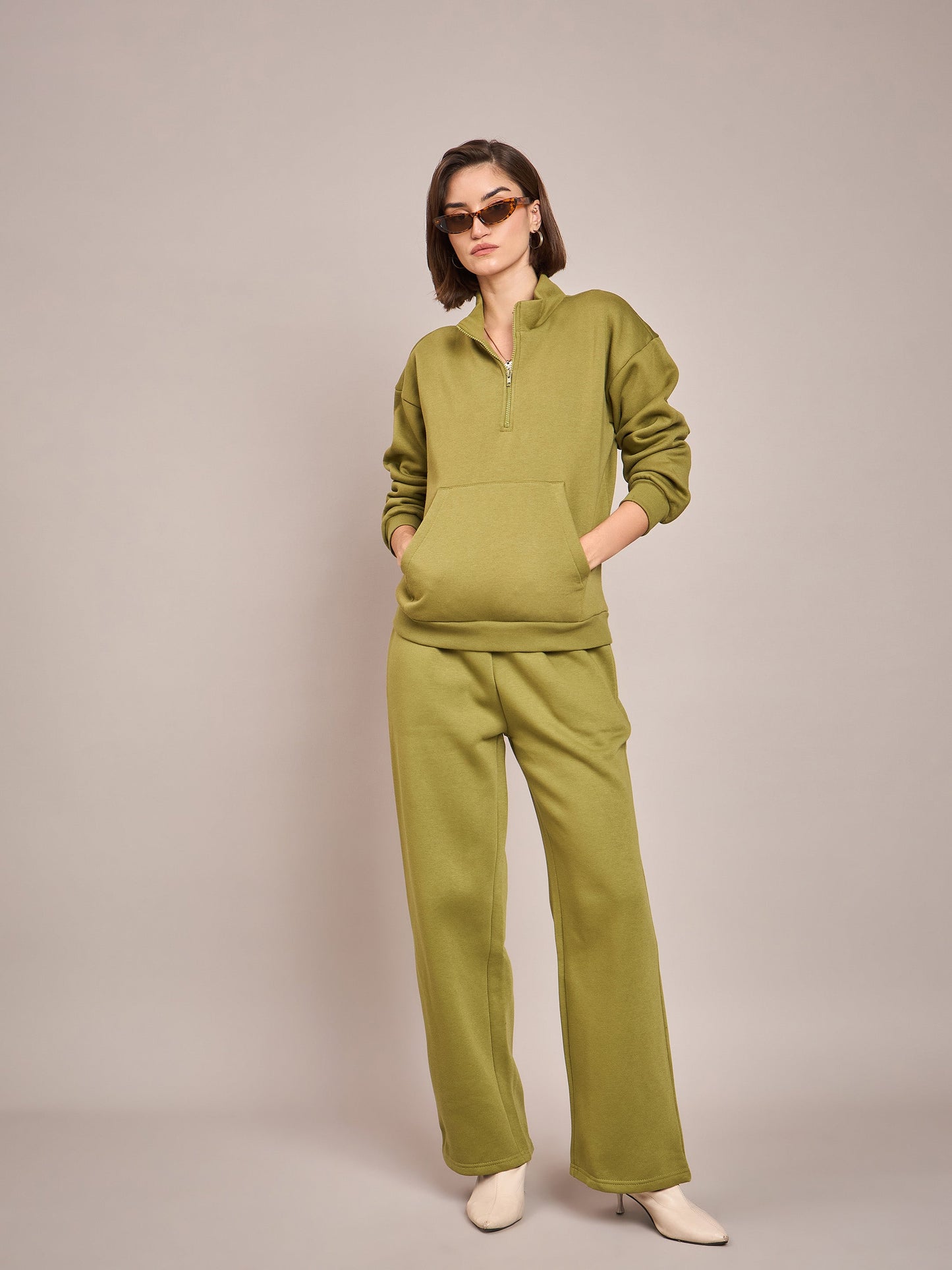 Women Olive Fleece Front Zipper Sweatshirt