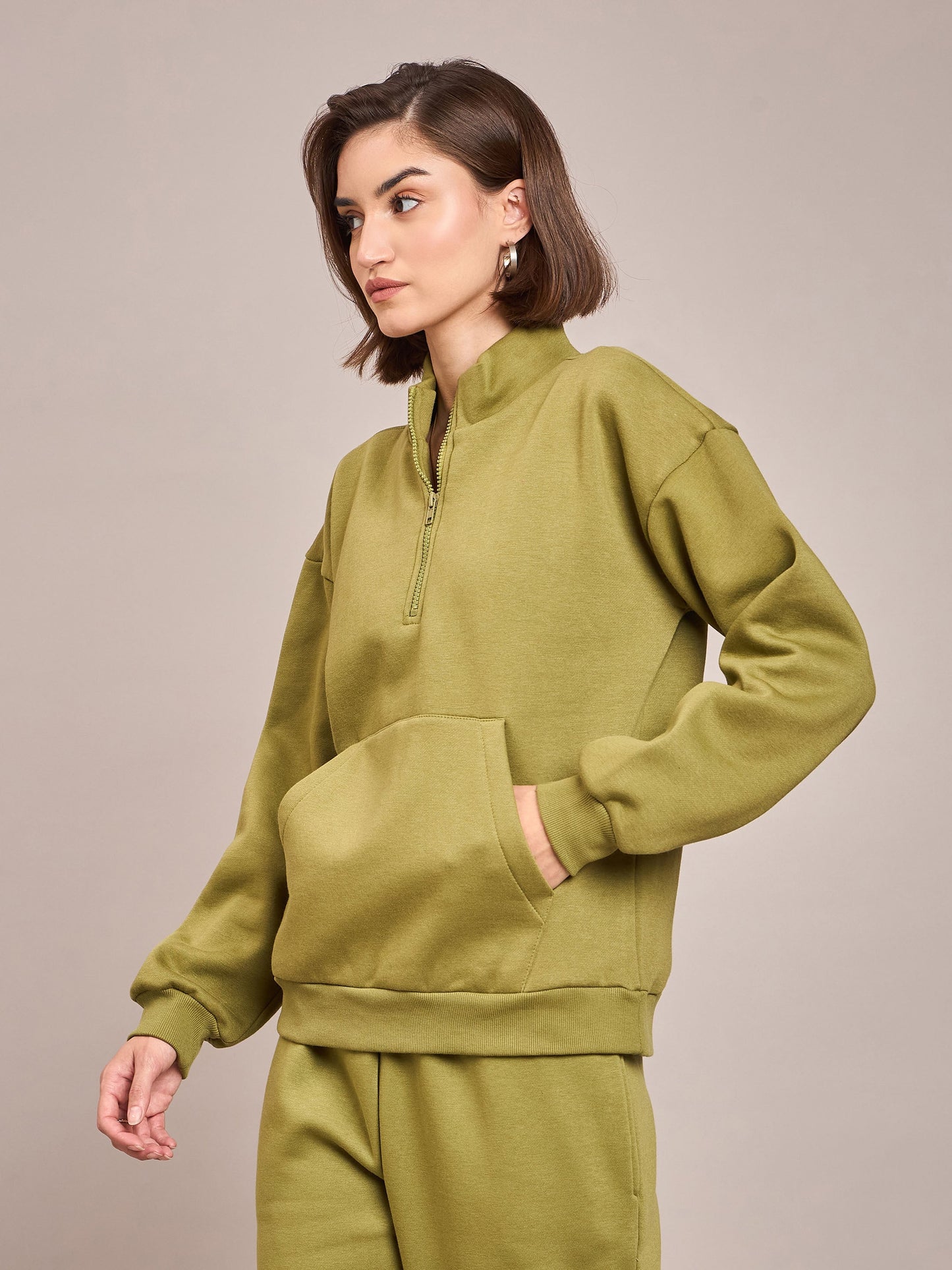 Women Olive Fleece Front Zipper Sweatshirt