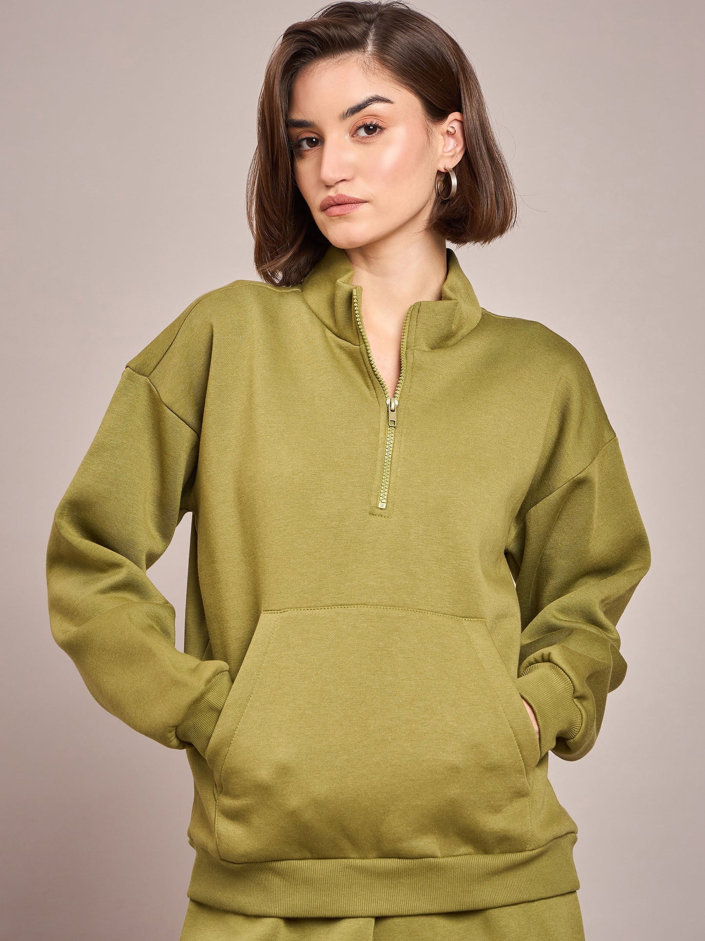 Women Olive Fleece Front Zipper Sweatshirt