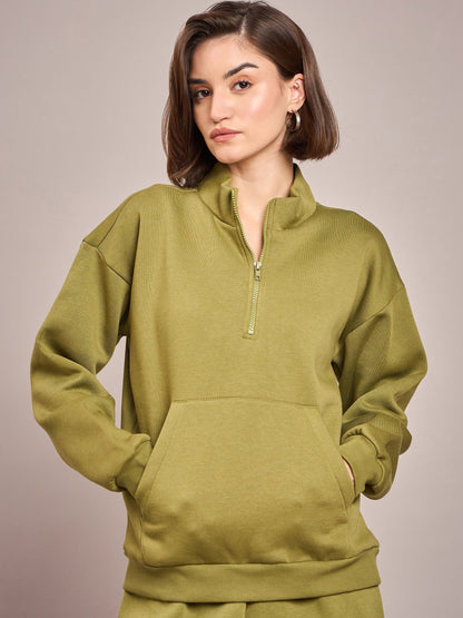 Women Olive Fleece Front Zipper Sweatshirt