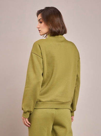 Women Olive Fleece Front Zipper Sweatshirt