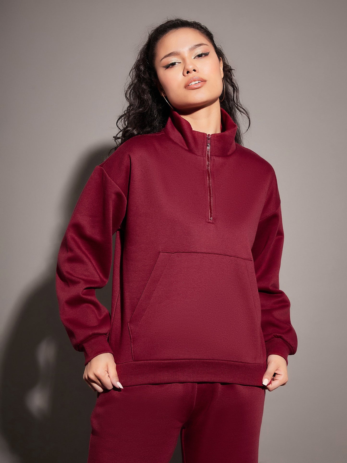 Women Maroon Fleece Front Zipper Sweatshirt