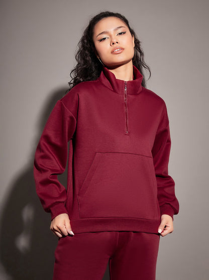 Women Maroon Fleece Front Zipper Sweatshirt