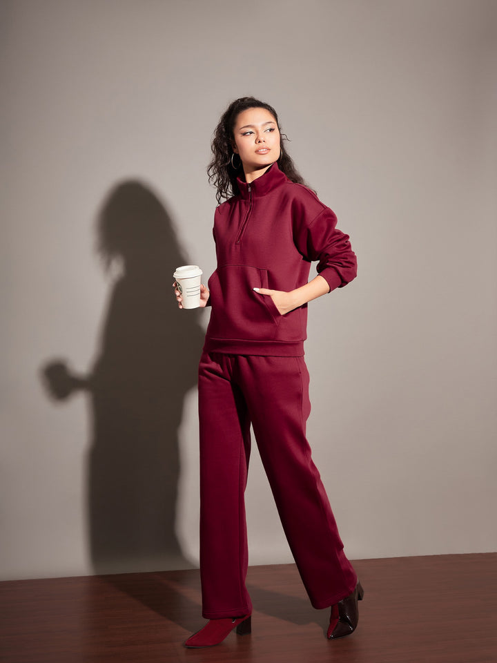 Women Maroon Fleece Front Zipper Sweatshirt