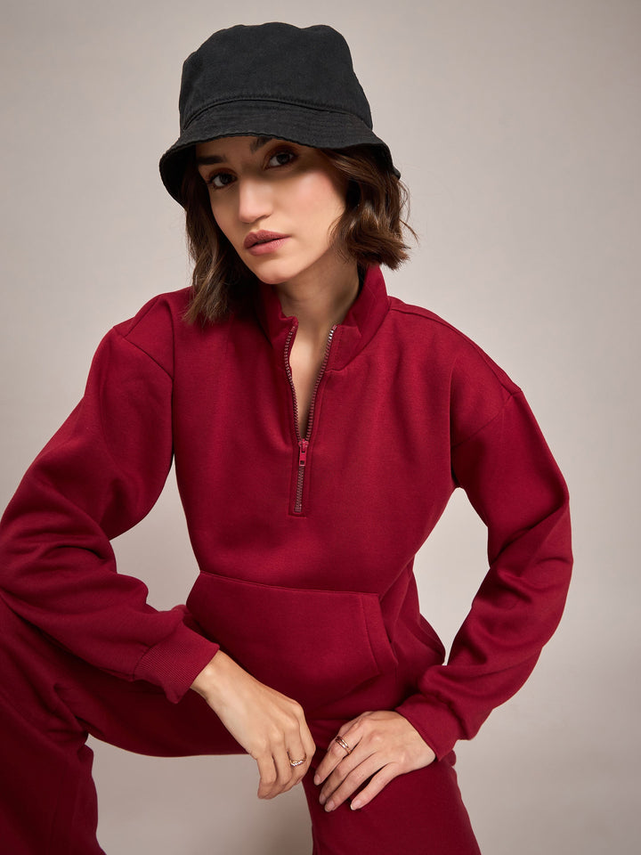 Women Maroon Fleece Front Zipper Sweatshirt