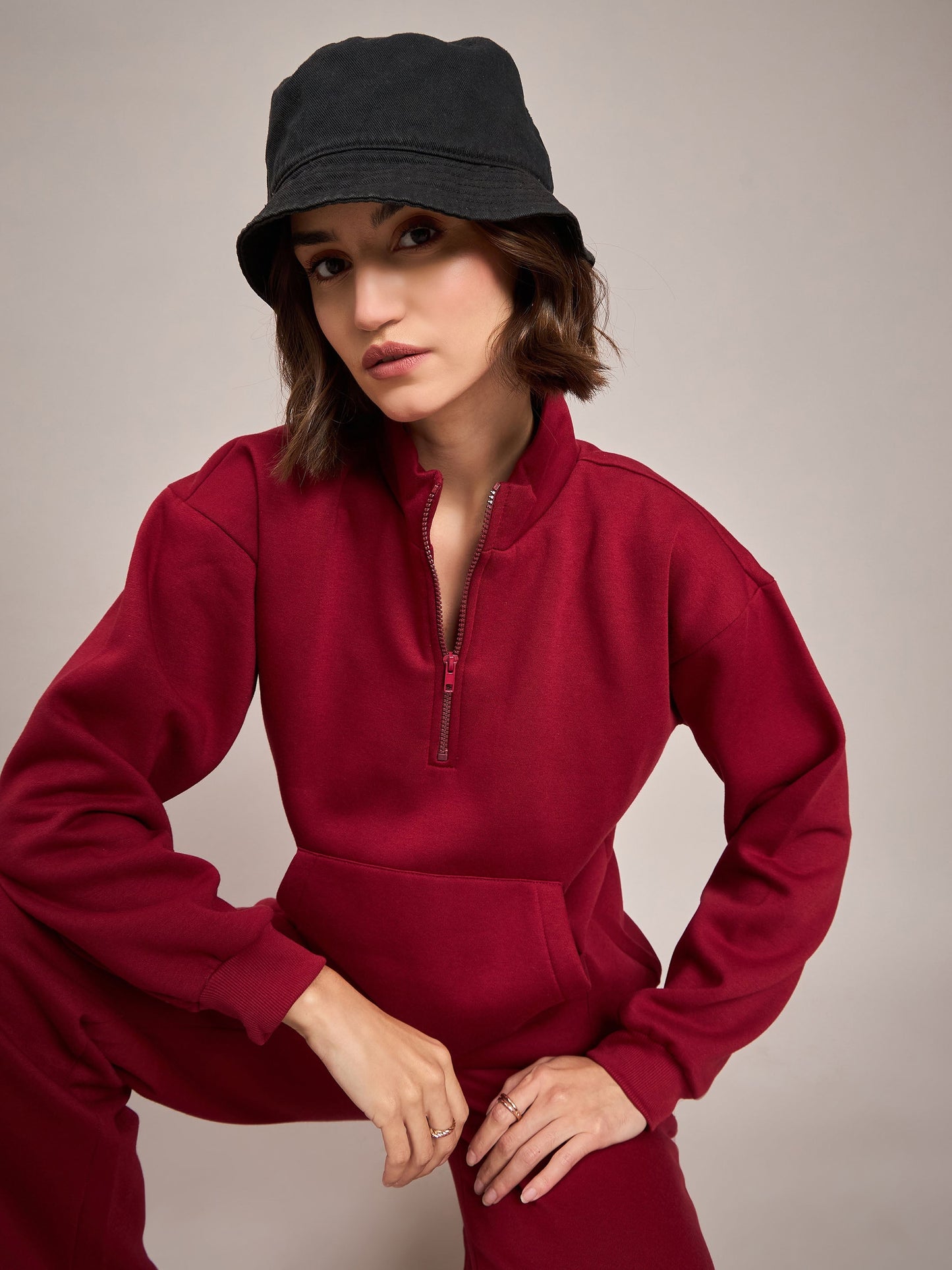 Women Maroon Fleece Front Zipper Sweatshirt With Track Pant