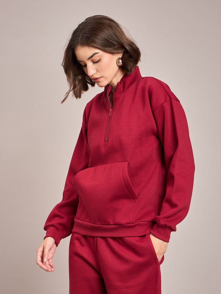 Women Maroon Fleece Front Zipper Sweatshirt With Track Pant
