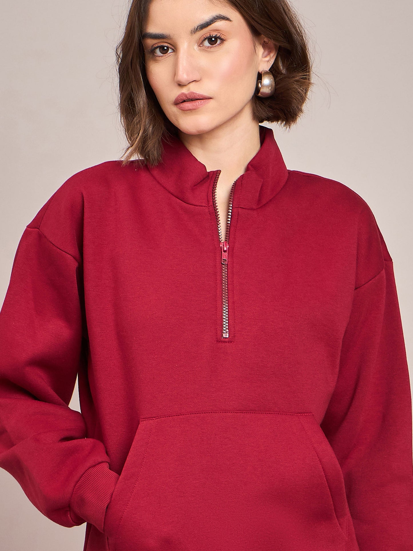 Women Maroon Fleece Front Zipper Sweatshirt With Track Pant