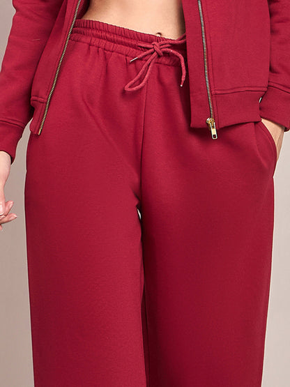 Women Maroon Fleece Front Zipper Sweatshirt With Track Pant