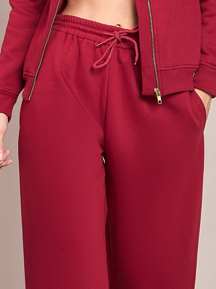 Women Maroon Fleece Front Zipper Sweatshirt With Track Pant