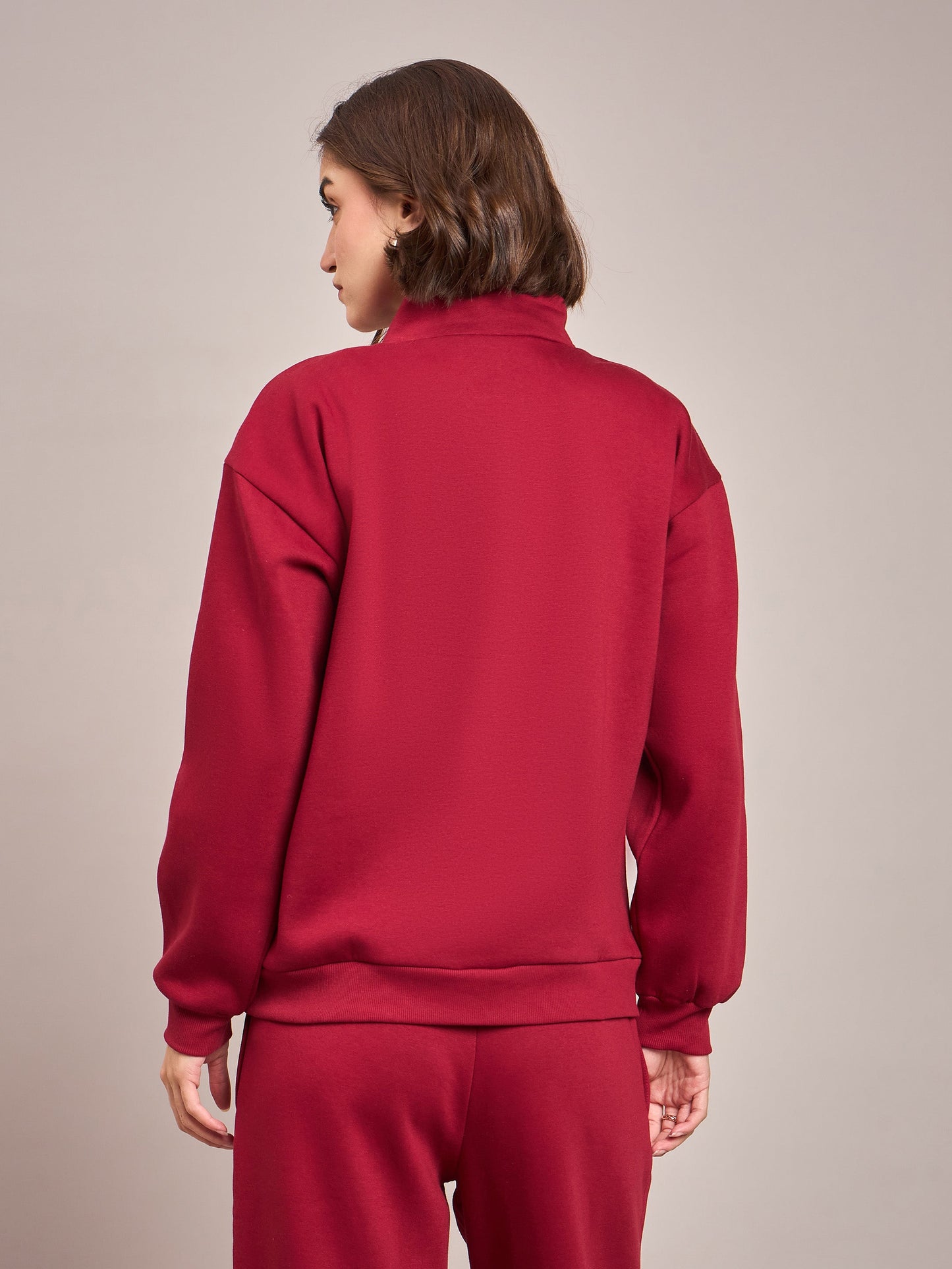 Women Maroon Fleece Front Zipper Sweatshirt With Track Pant