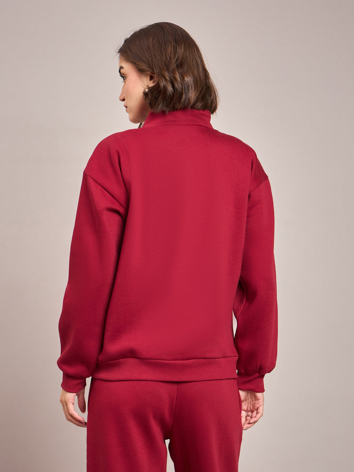 Women Maroon Fleece Front Zipper Sweatshirt With Track Pant