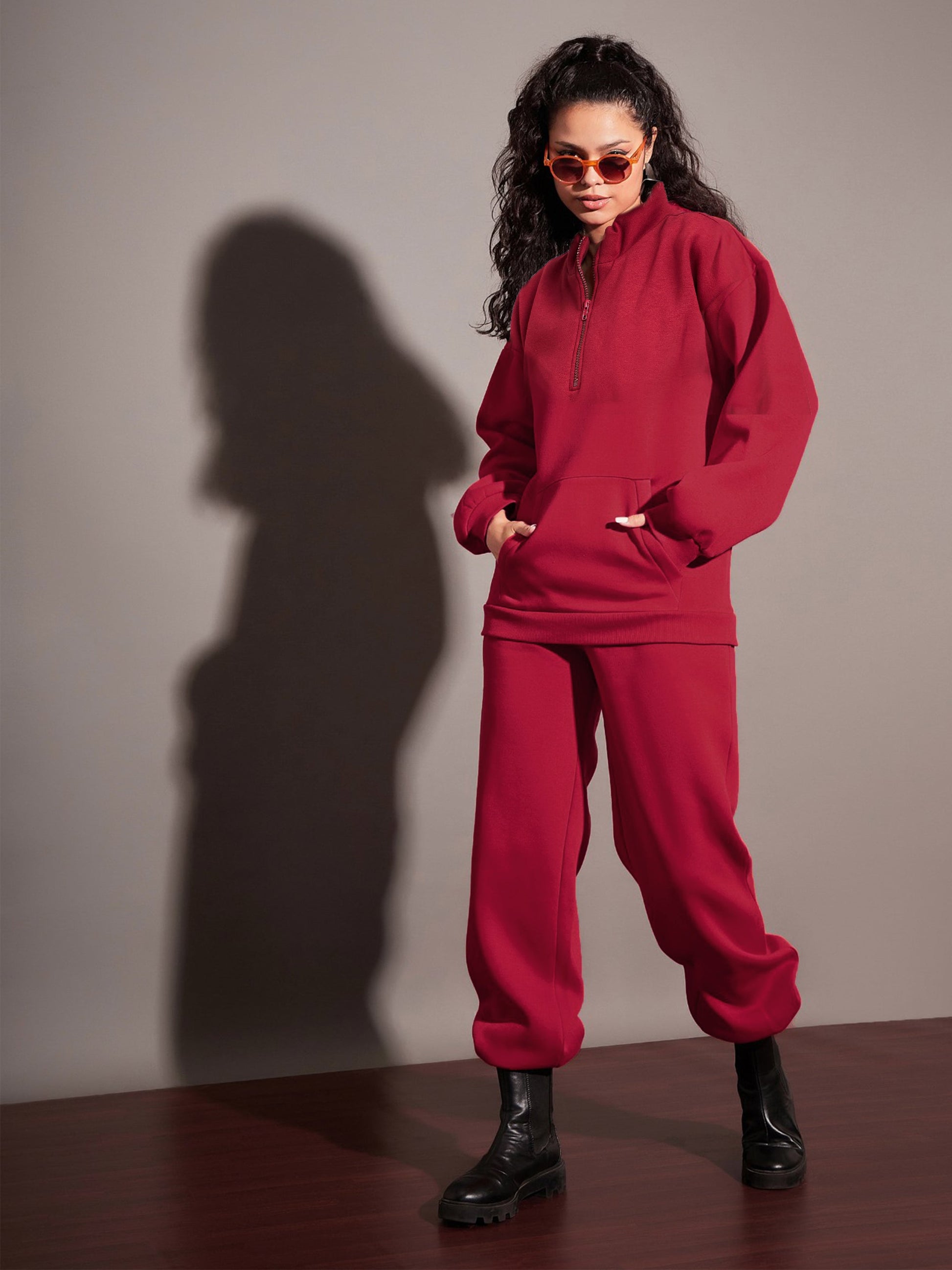 Women's Women Maroon Fleece Front Zipper Sweatshirt With Joggers in Cotton by Sassafras for wholesale, bulk, supplier, manufacturer and wholesaler buyers from Trendphoria