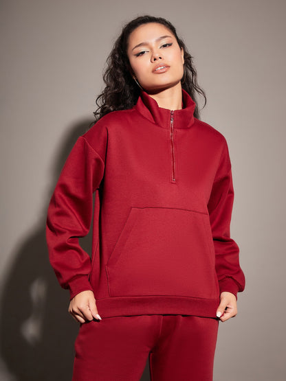 Women Maroon Fleece Front Zipper Sweatshirt With Joggers
