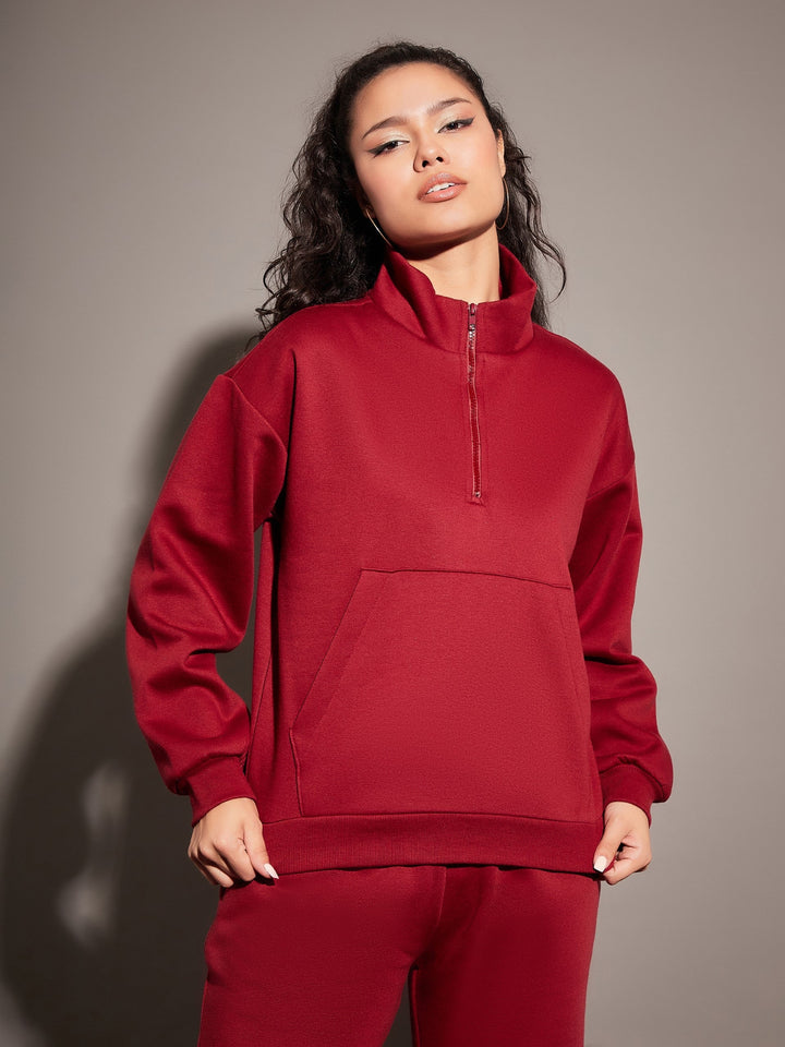 Women Maroon Fleece Front Zipper Sweatshirt With Joggers