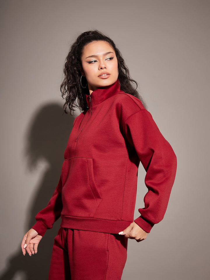 Women Maroon Fleece Front Zipper Sweatshirt With Joggers