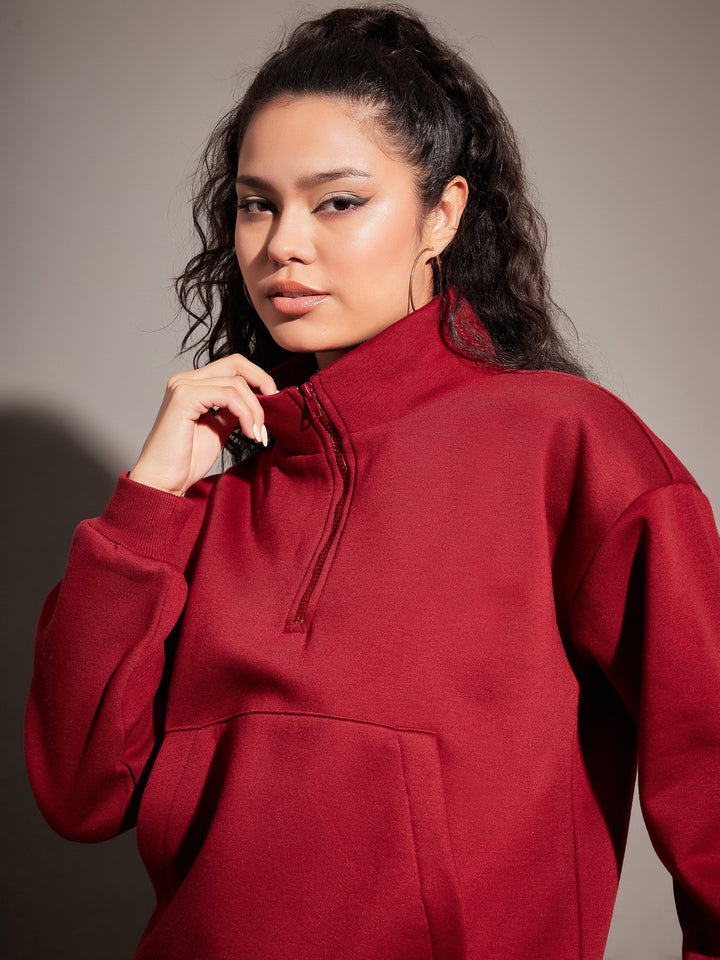 Women Maroon Fleece Front Zipper Sweatshirt With Joggers