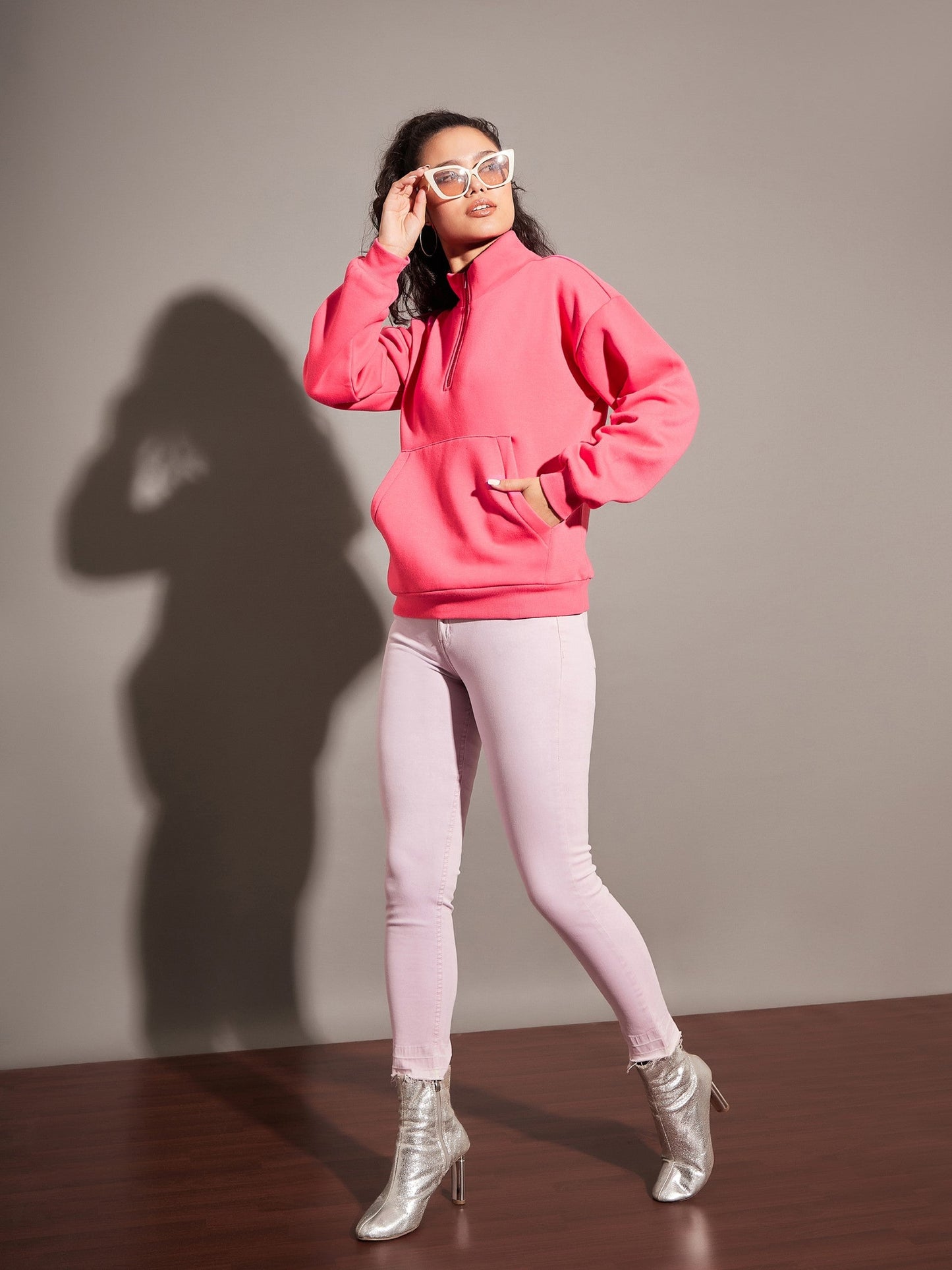 Pink Fleece Front Zipper Sweatshirt