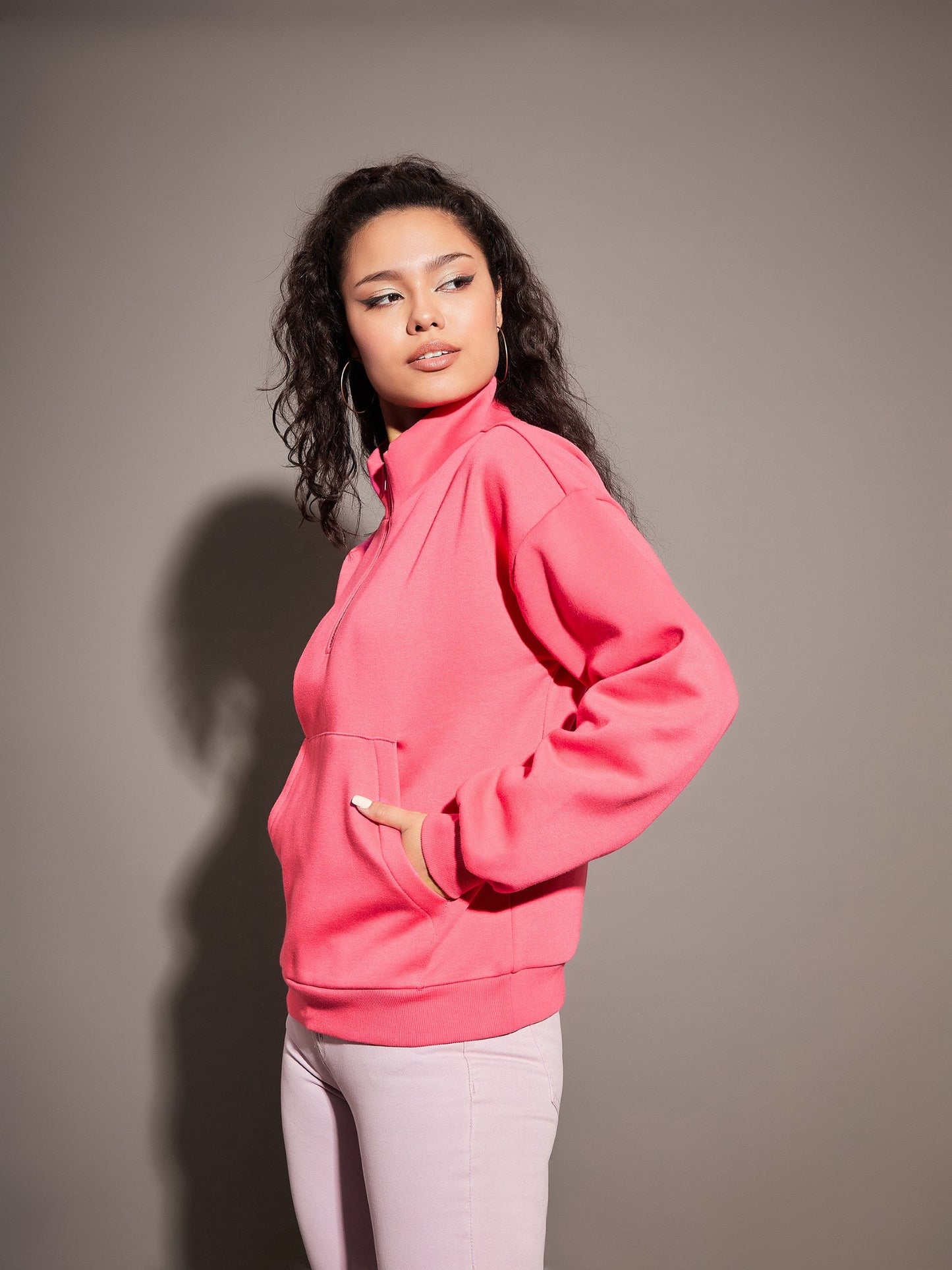 Pink Fleece Front Zipper Sweatshirt