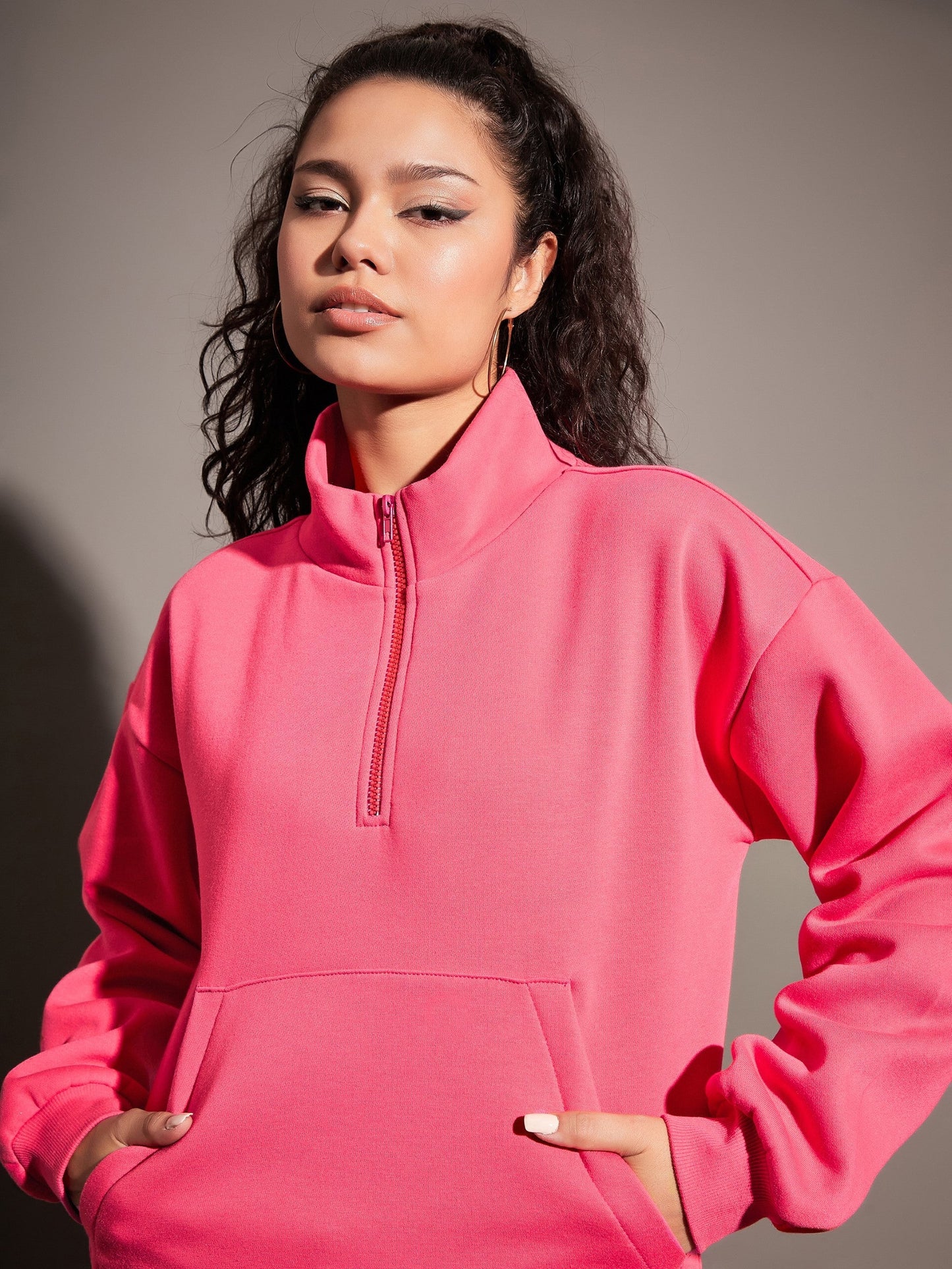 Pink Fleece Front Zipper Sweatshirt