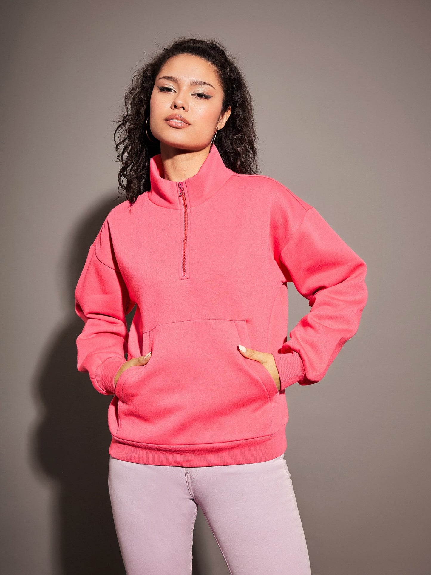 Pink Fleece Front Zipper Sweatshirt