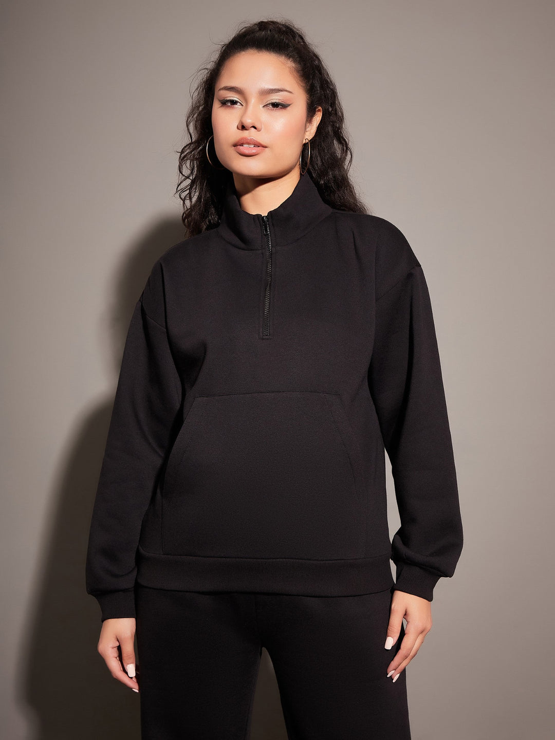 Women's Women Black Fleece Front Zipper Sweatshirt in Cotton by Sassafras for wholesale, bulk, supplier, manufacturer and wholesaler buyers from Trendphoria