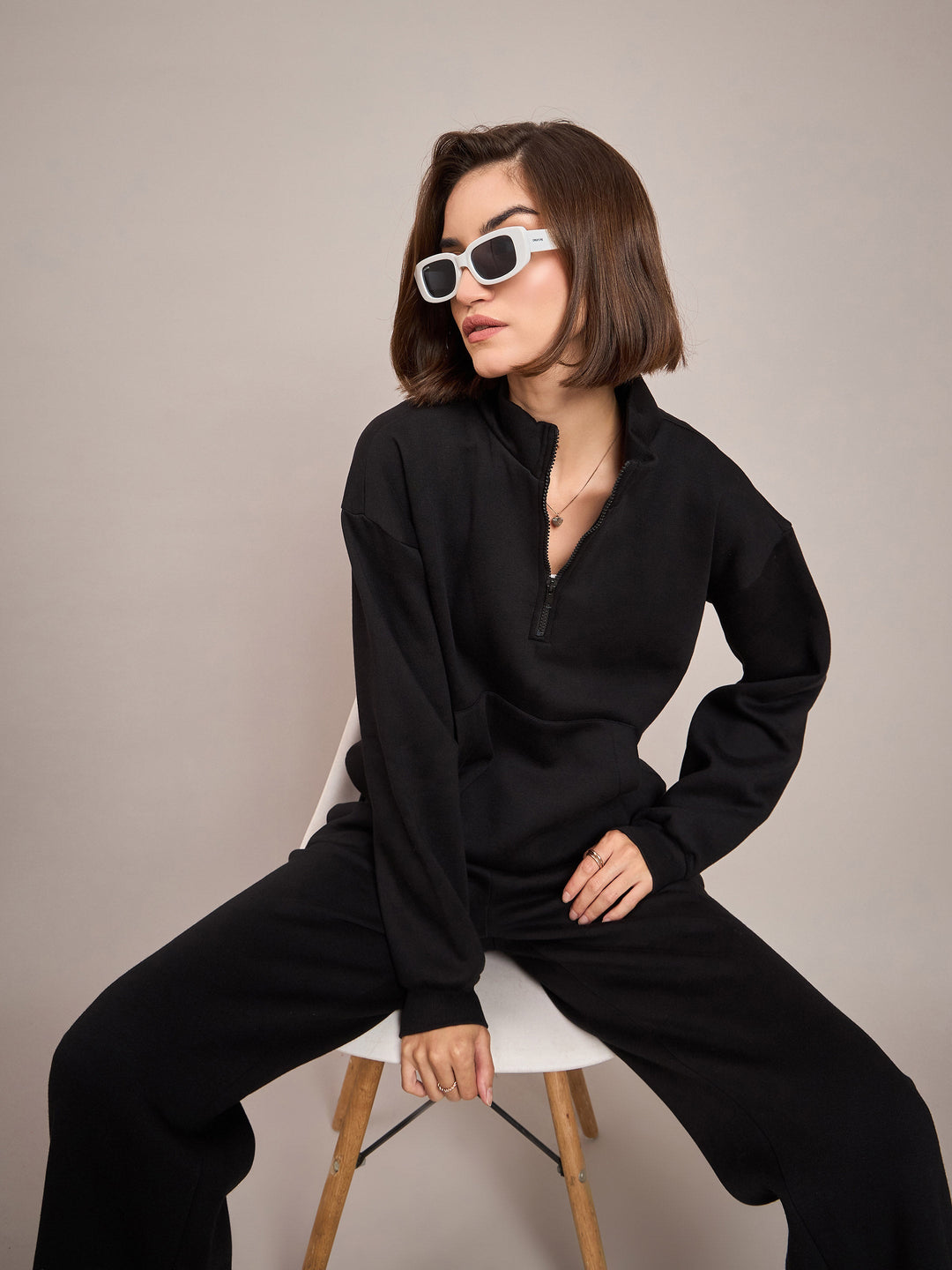 Women Black Fleece Front Zipper Sweatshirt
