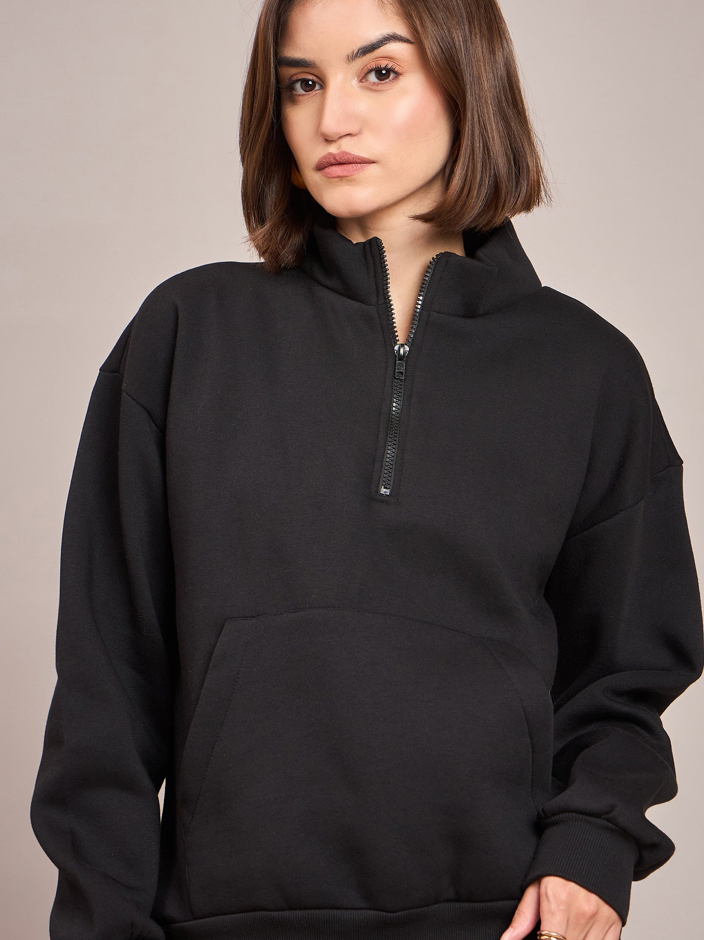 Women Black Fleece Front Zipper Sweatshirt