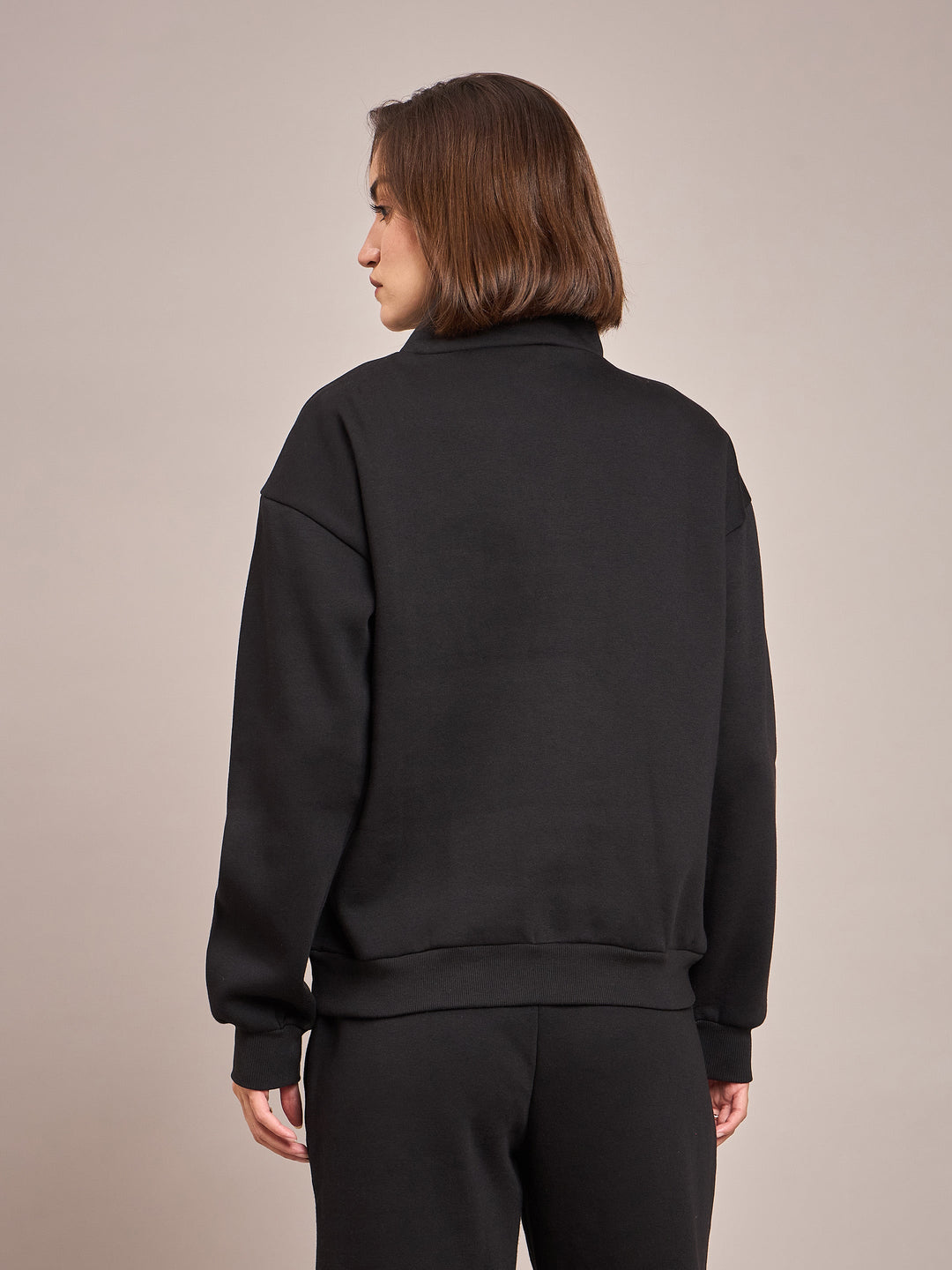 Women Black Fleece Front Zipper Sweatshirt