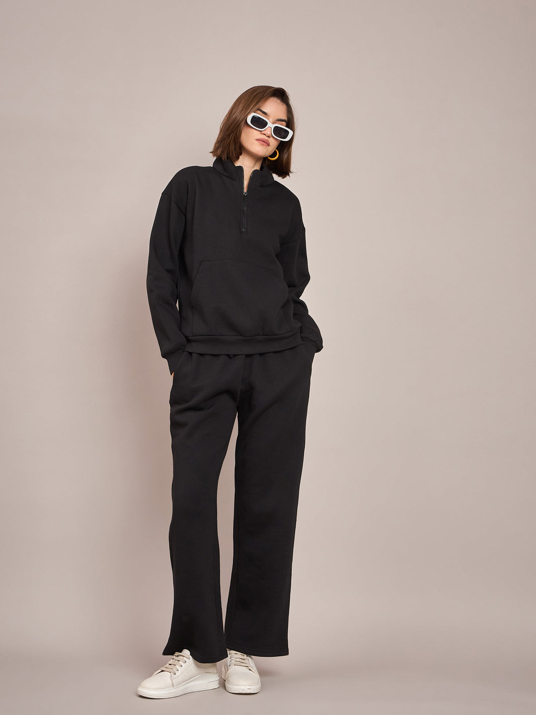 Women Black Fleece Front Zipper Sweatshirt