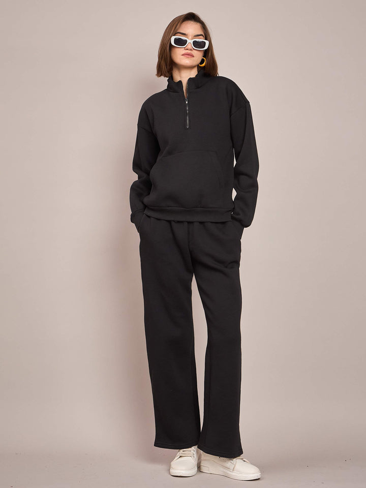 Women Black Fleece Front Zipper Sweatshirt With Track Pant