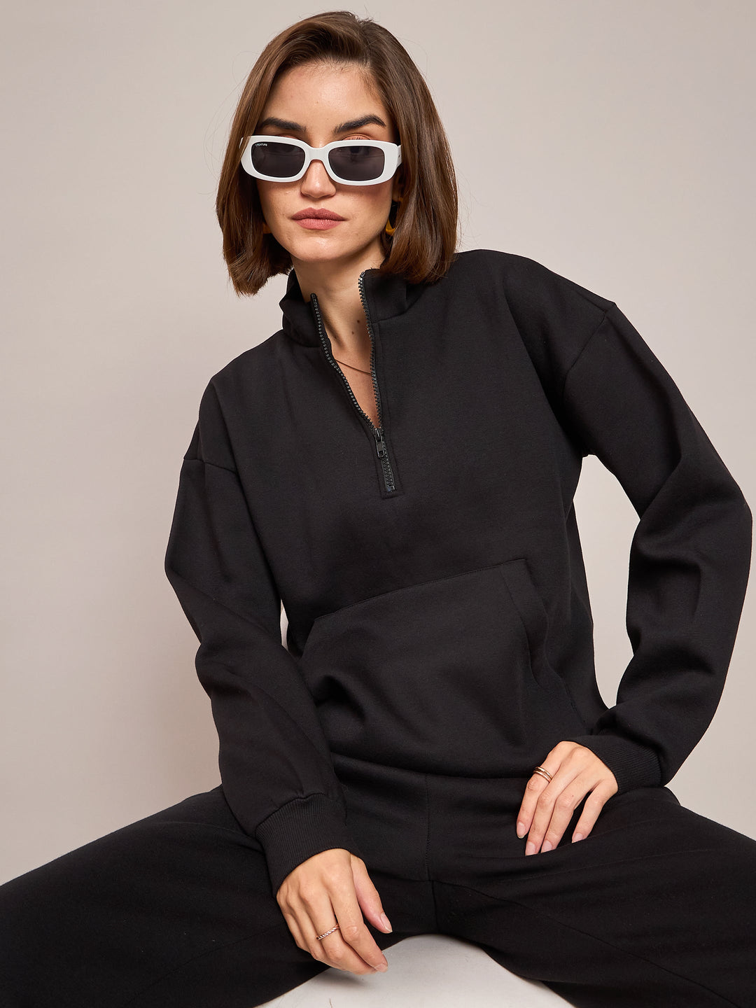 Women Black Fleece Front Zipper Sweatshirt With Track Pant