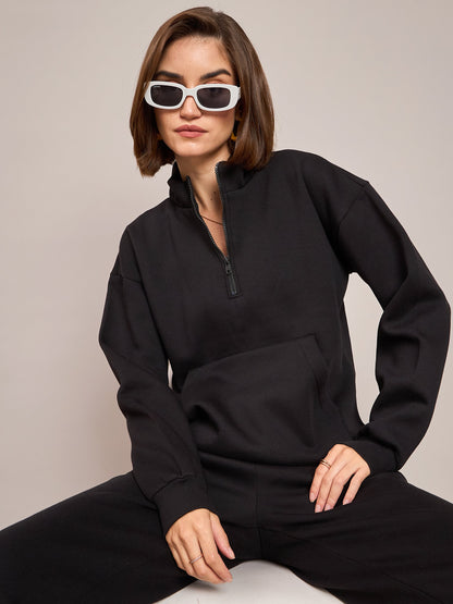 Women Black Fleece Front Zipper Sweatshirt With Track Pant