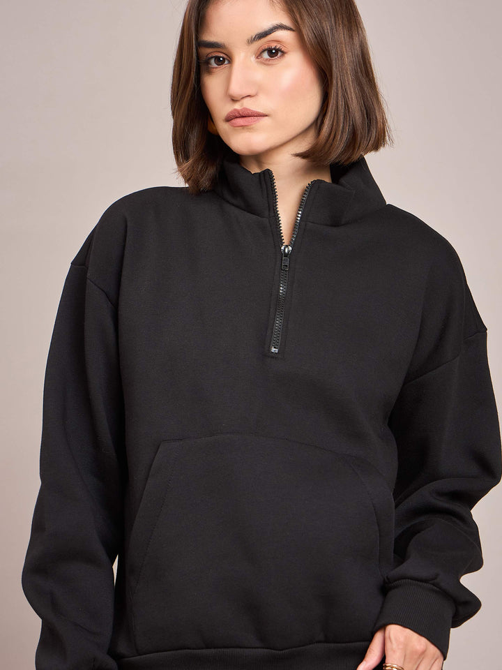 Women Black Fleece Front Zipper Sweatshirt With Track Pant