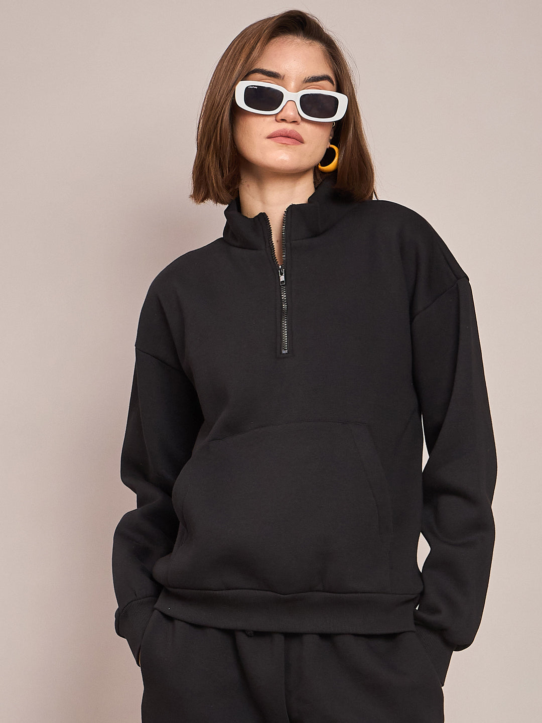 Women Black Fleece Front Zipper Sweatshirt With Track Pant