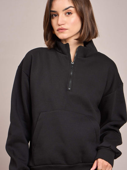 Women Black Fleece Front Zipper Sweatshirt With Track Pant