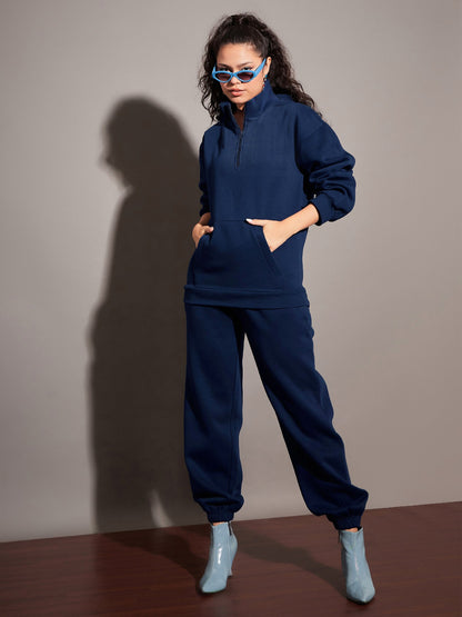 Women Navy Fleece Front Zipper Sweatshirt With Joggers