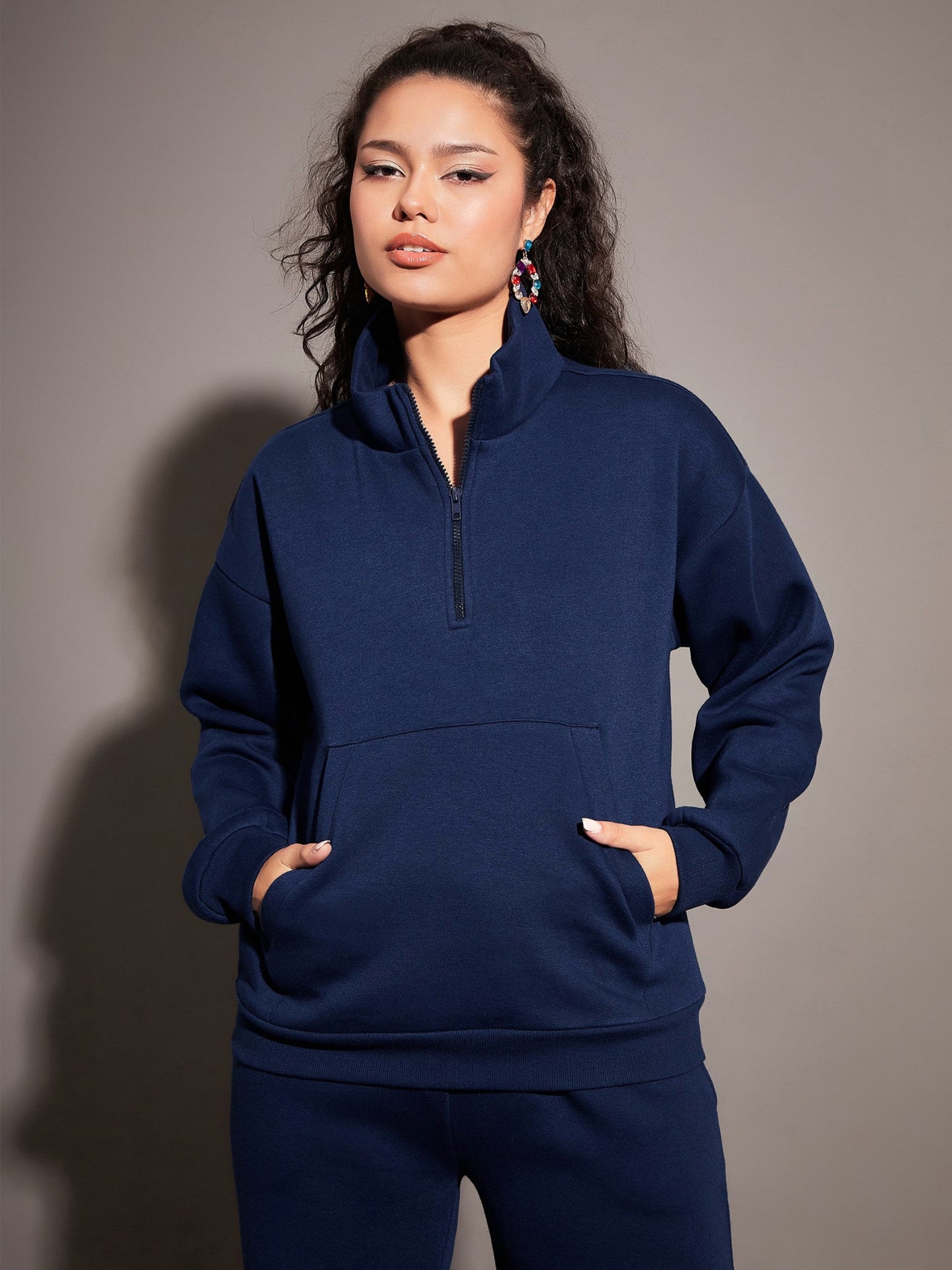 Women Navy Fleece Front Zipper Sweatshirt With Joggers