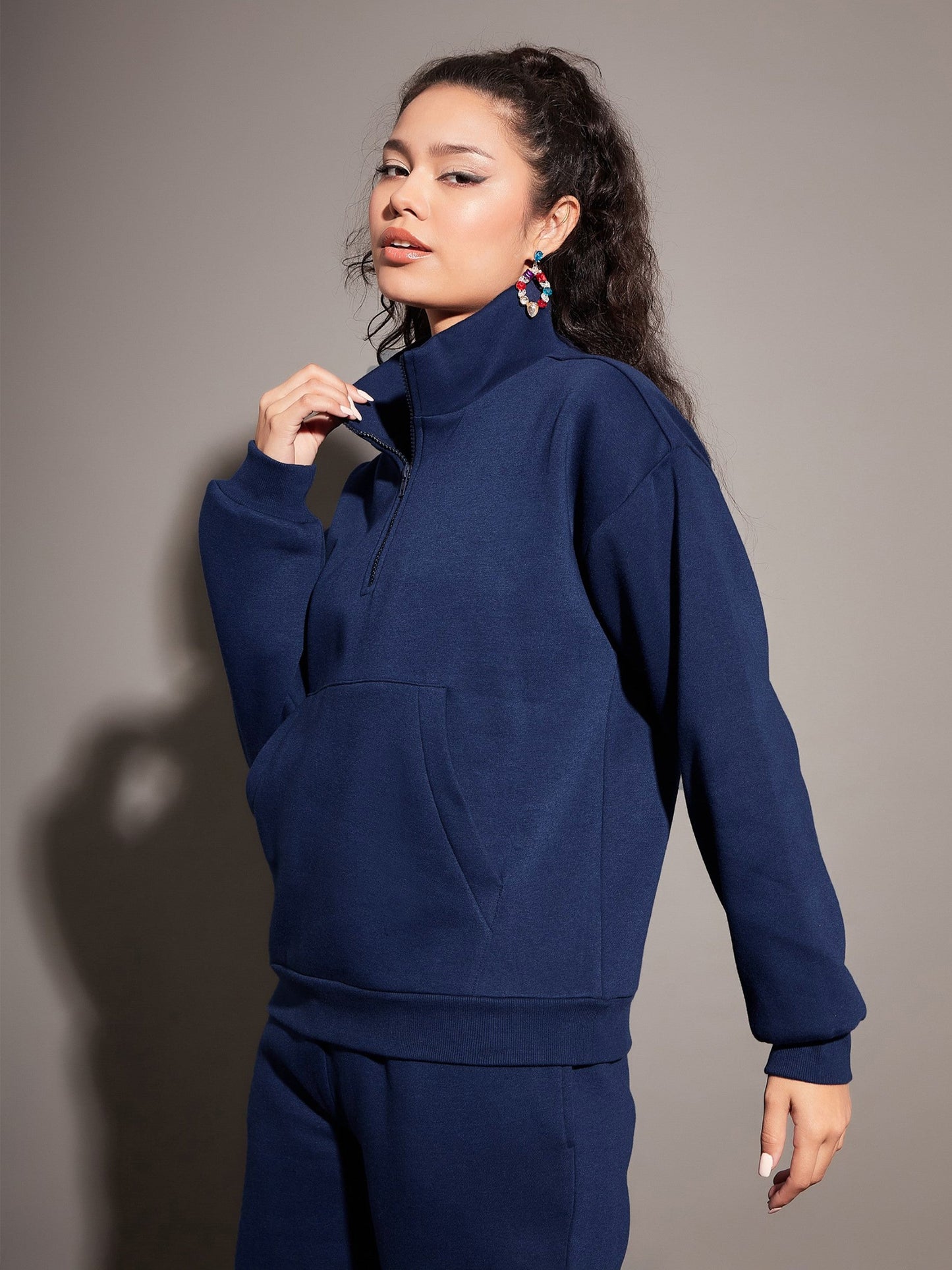 Women Navy Fleece Front Zipper Sweatshirt With Joggers
