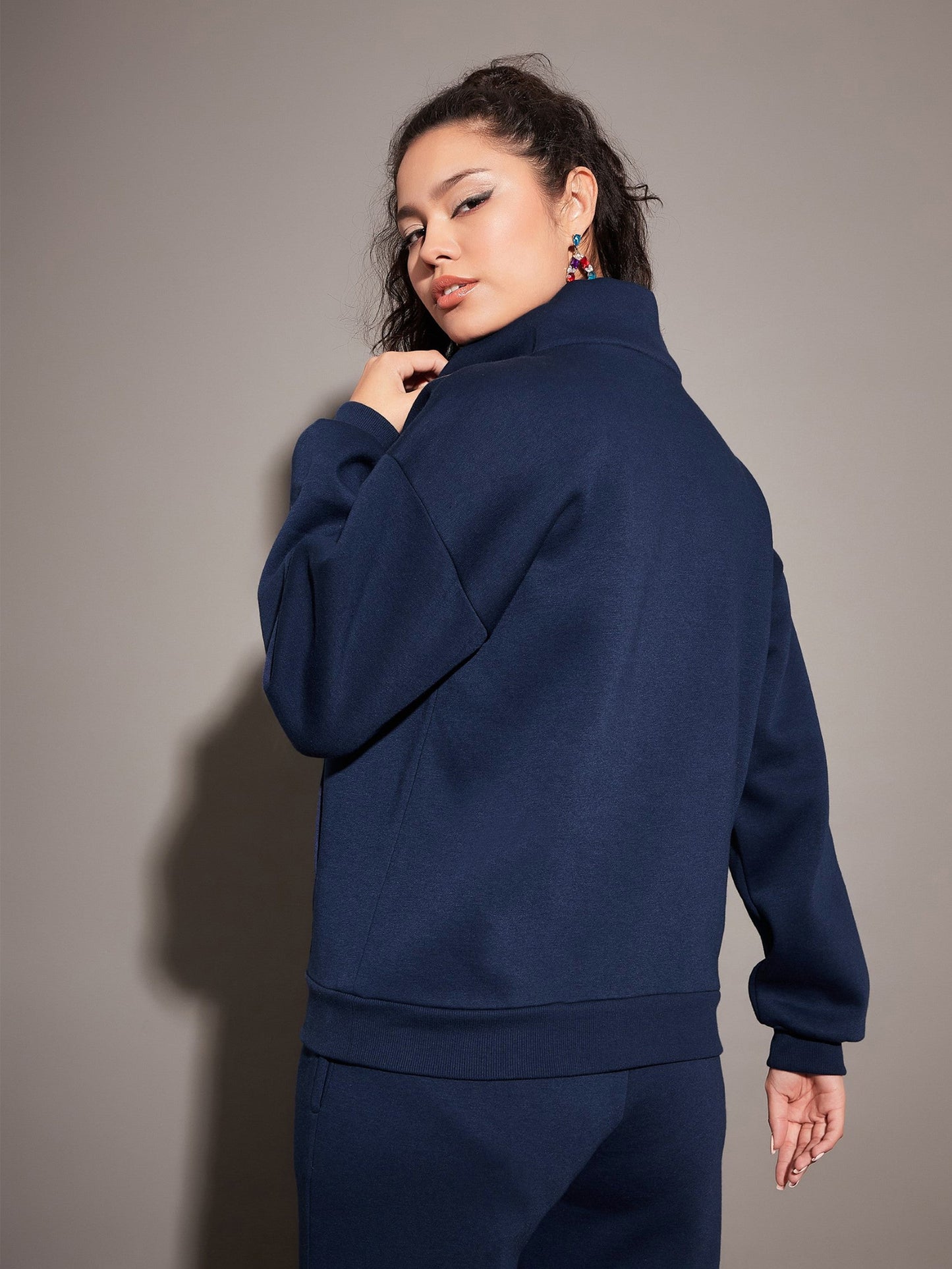 Women Navy Fleece Front Zipper Sweatshirt With Joggers