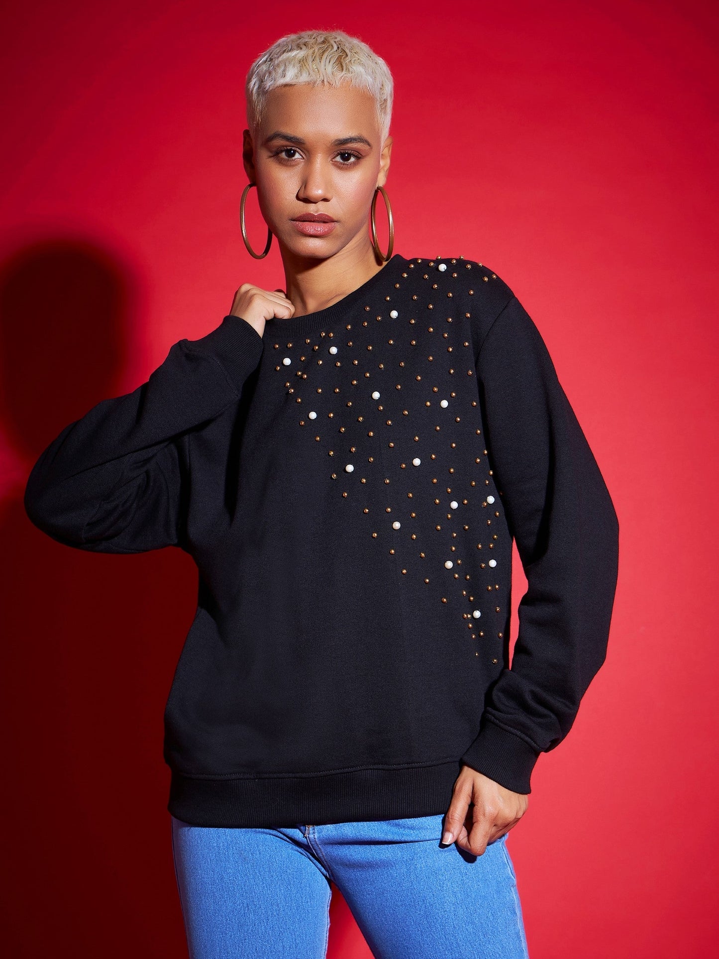 Black Terry Pearl Embellished Oversized Sweatshirt