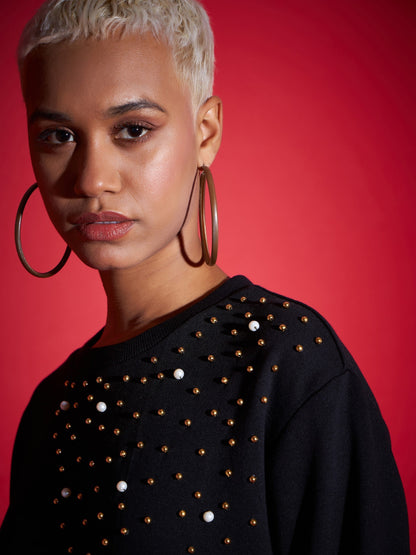 Black Terry Pearl Embellished Oversized Sweatshirt