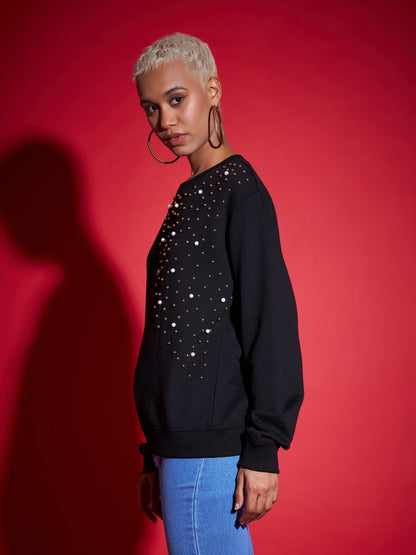 Black Terry Pearl Embellished Oversized Sweatshirt