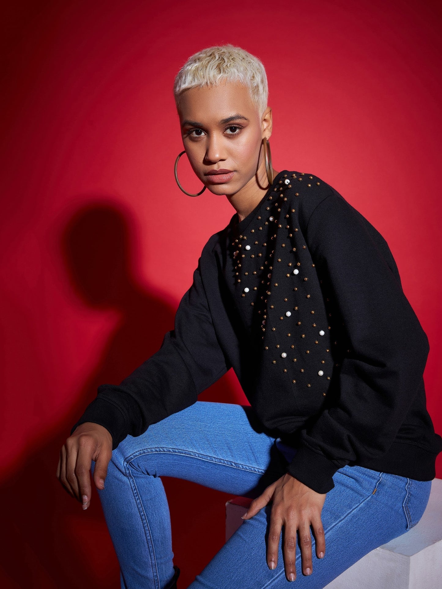 Black Terry Pearl Embellished Oversized Sweatshirt