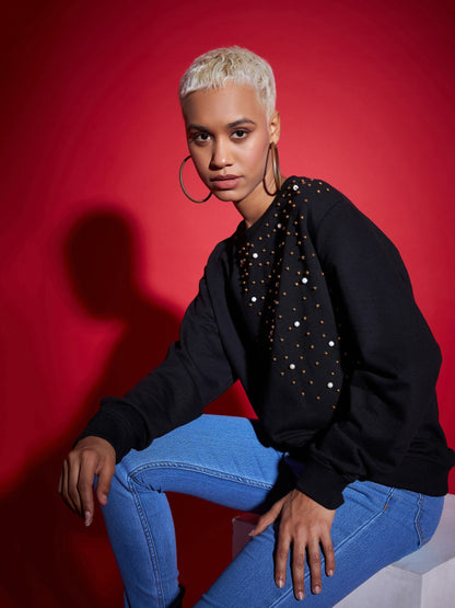 Black Terry Pearl Embellished Oversized Sweatshirt