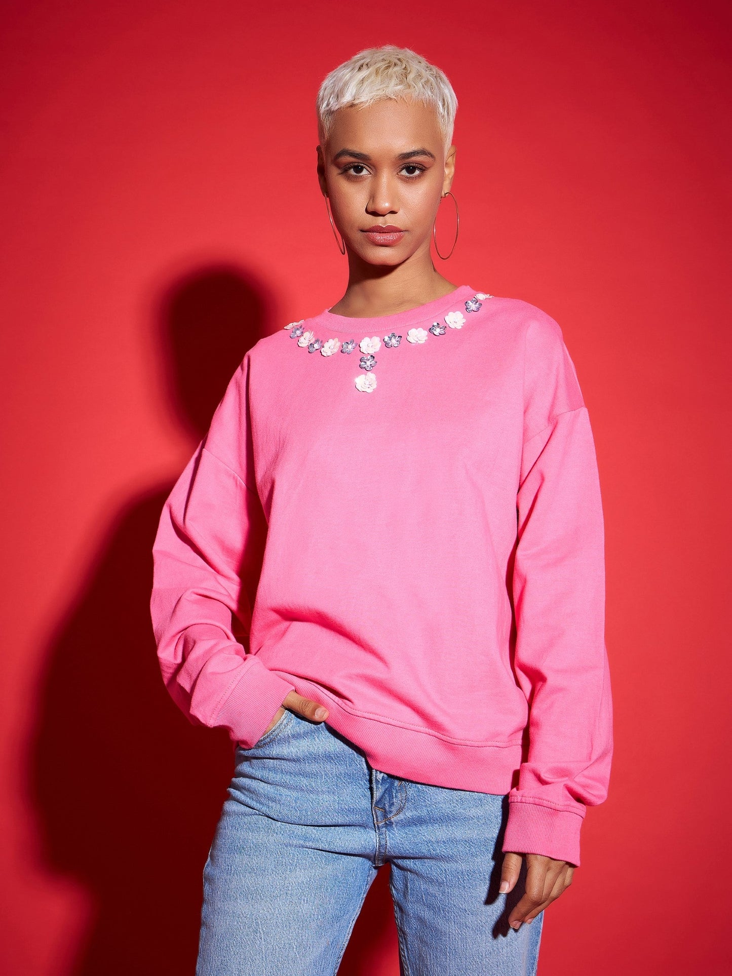 Pink Terry Neck Sequin Embellished Oversized Sweatshirt